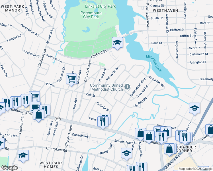 map of restaurants, bars, coffee shops, grocery stores, and more near 27 Pollux Circle West in Portsmouth