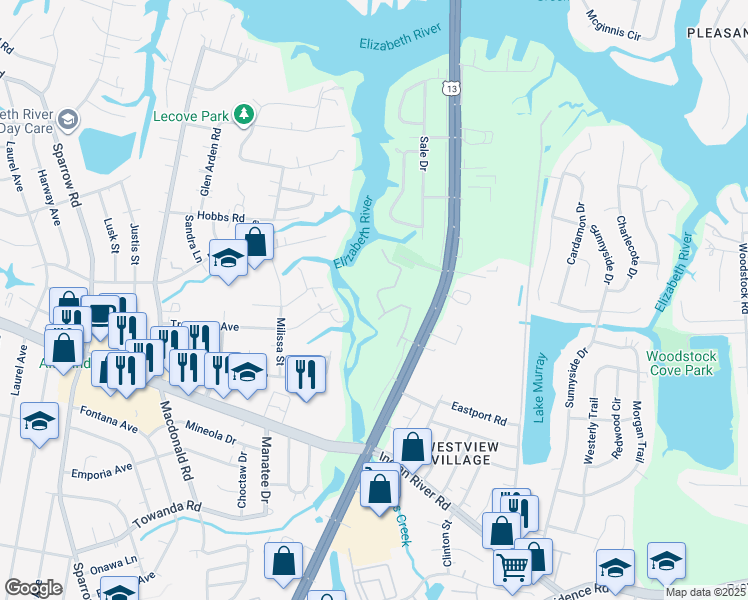 map of restaurants, bars, coffee shops, grocery stores, and more near 1061 Pebblewood Drive in Virginia Beach