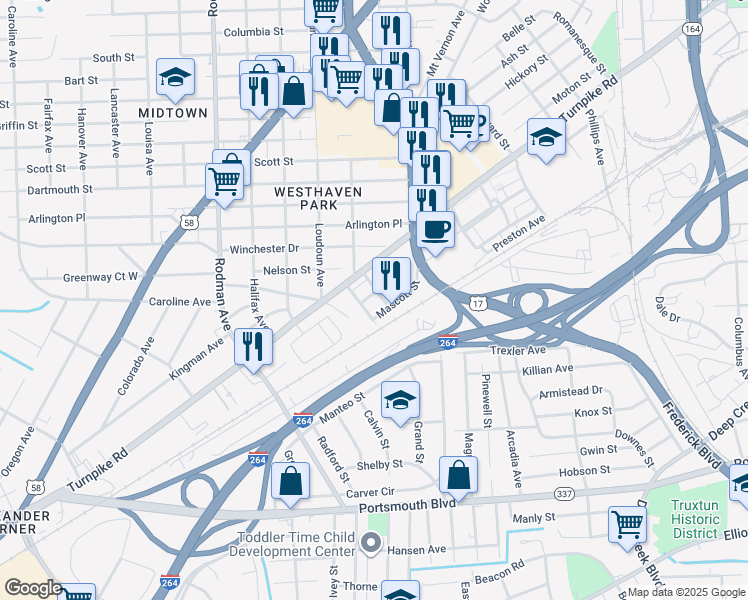 map of restaurants, bars, coffee shops, grocery stores, and more near 200 Pullman Avenue in Portsmouth