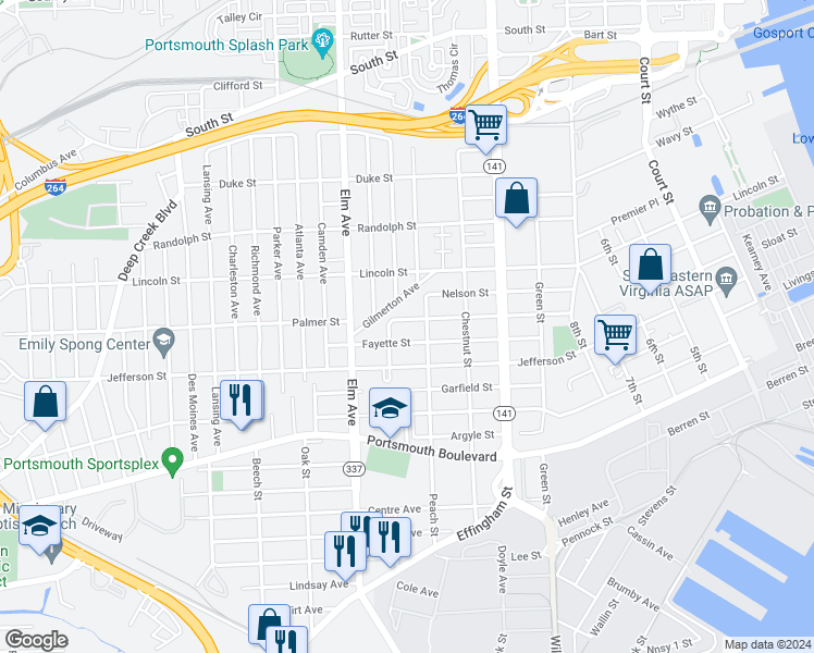 map of restaurants, bars, coffee shops, grocery stores, and more near 1021 Palmer Street in Portsmouth