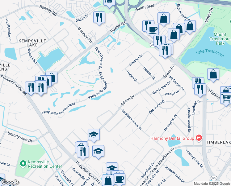 map of restaurants, bars, coffee shops, grocery stores, and more near 515 Kempsville Greens Court in Virginia Beach