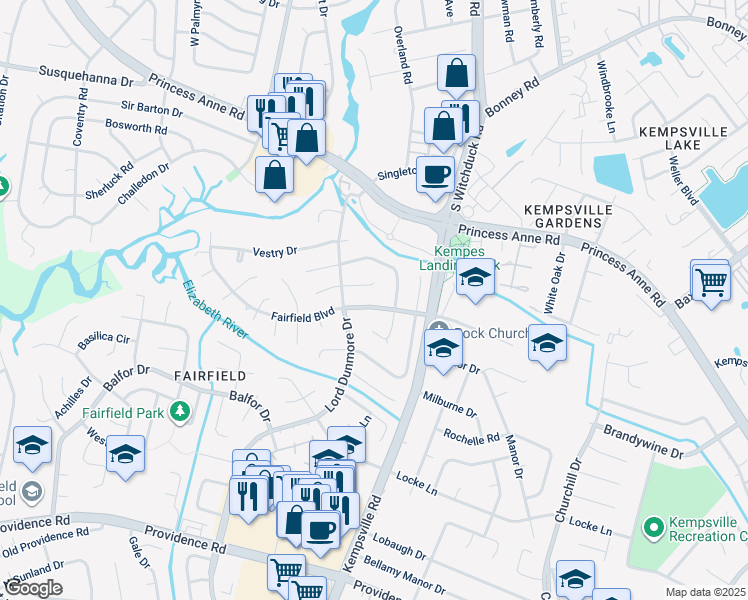 map of restaurants, bars, coffee shops, grocery stores, and more near 5220 Fairfield Boulevard in Virginia Beach