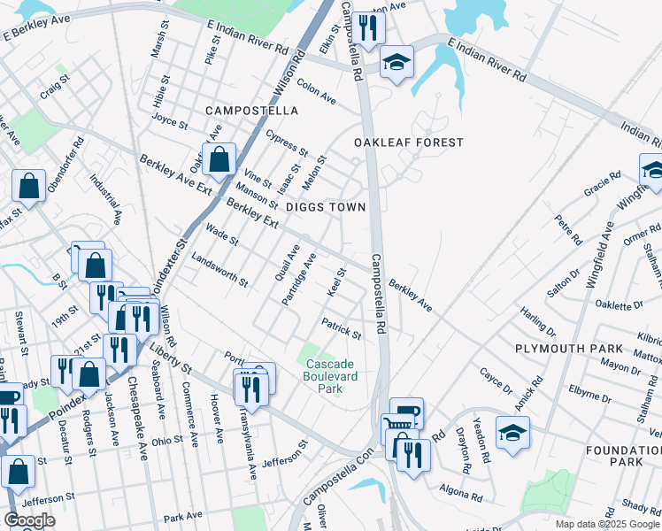 map of restaurants, bars, coffee shops, grocery stores, and more near 2043 Spadina Avenue in Chesapeake