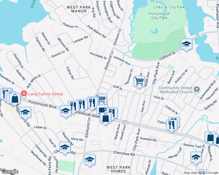 map of restaurants, bars, coffee shops, grocery stores, and more near 116 Mimosa Road in Portsmouth