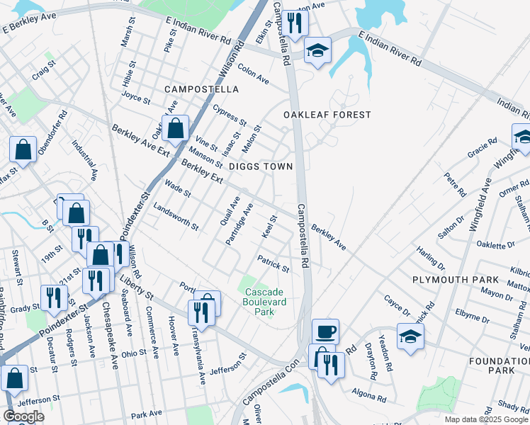 map of restaurants, bars, coffee shops, grocery stores, and more near 2043 Spadina Avenue in Chesapeake