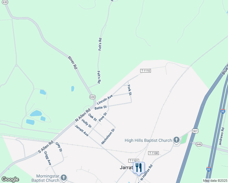 map of restaurants, bars, coffee shops, grocery stores, and more near 306 Lincoln Avenue in Jarratt