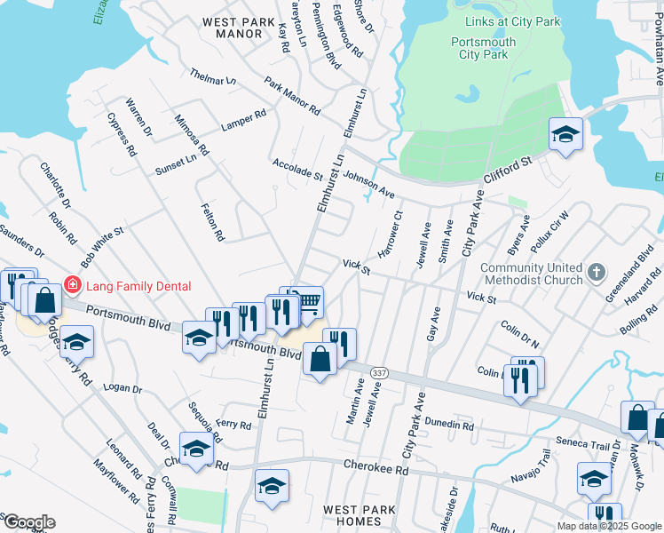 map of restaurants, bars, coffee shops, grocery stores, and more near 116 Mimosa Road in Portsmouth