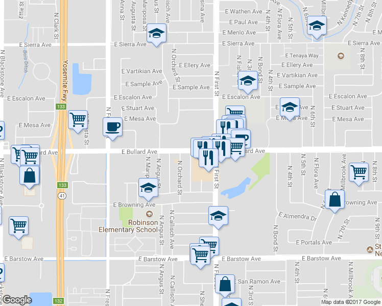 map of restaurants, bars, coffee shops, grocery stores, and more near 5798 North Sherman Avenue in Fresno