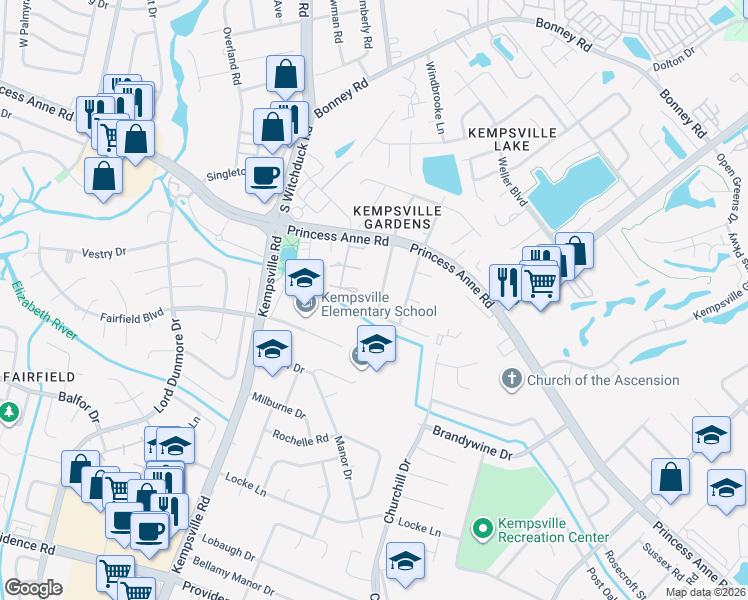 map of restaurants, bars, coffee shops, grocery stores, and more near 516 White Oak Drive in Virginia Beach