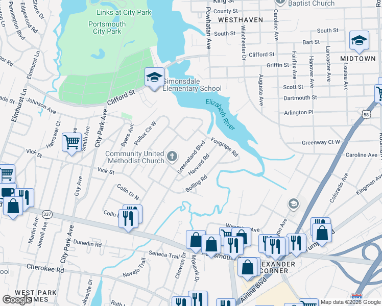 map of restaurants, bars, coffee shops, grocery stores, and more near 43 Rivercrest Drive in Portsmouth