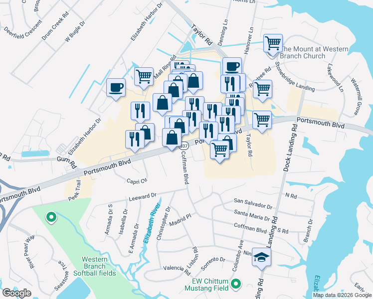 map of restaurants, bars, coffee shops, grocery stores, and more near 4140 Portsmouth Boulevard in Chesapeake