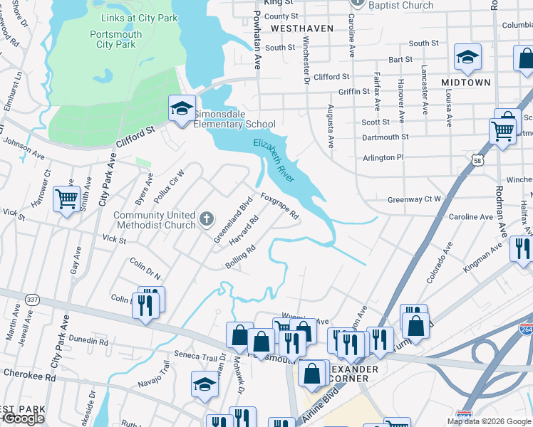 map of restaurants, bars, coffee shops, grocery stores, and more near 60 Foxgrape Road in Portsmouth