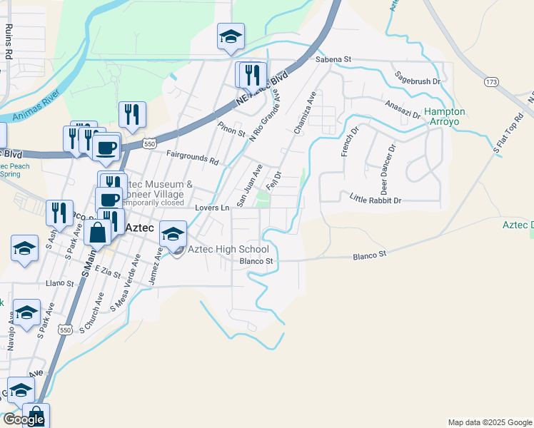 map of restaurants, bars, coffee shops, grocery stores, and more near 901 Acoma Place in Aztec