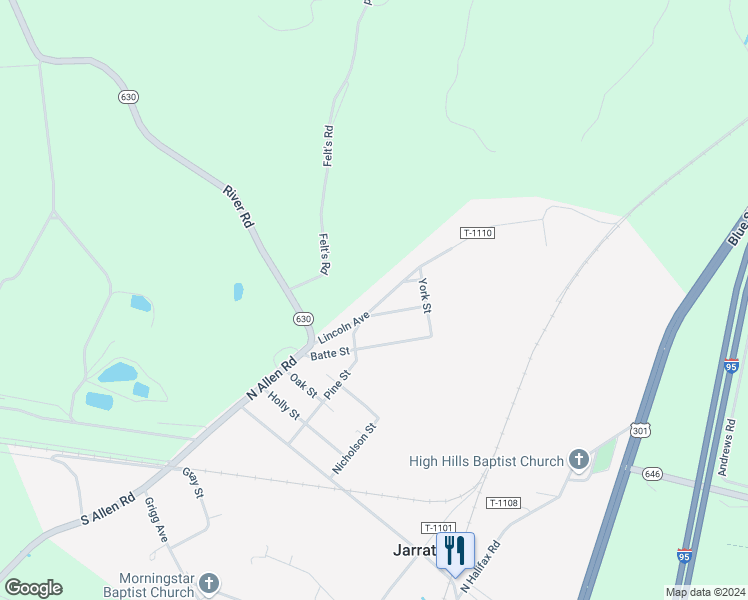 map of restaurants, bars, coffee shops, grocery stores, and more near 306 Lincoln Avenue in Jarratt
