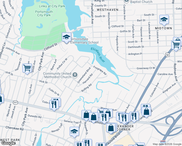 map of restaurants, bars, coffee shops, grocery stores, and more near 70 Greeneland Boulevard in Portsmouth