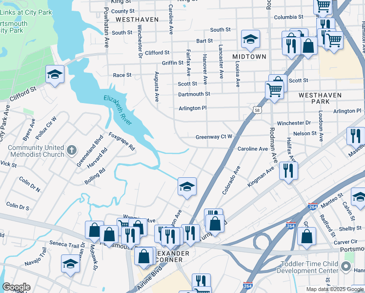 map of restaurants, bars, coffee shops, grocery stores, and more near 4121 Caroline Avenue in Portsmouth