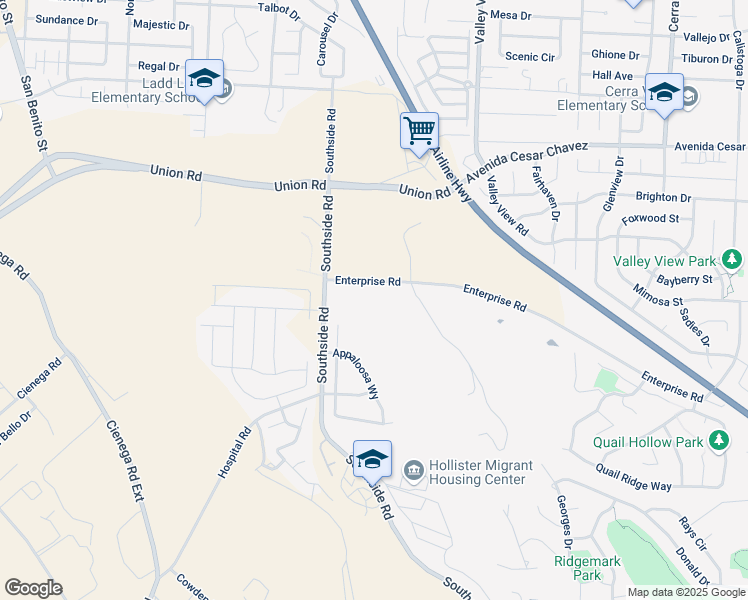 map of restaurants, bars, coffee shops, grocery stores, and more near 120 Enterprise Road in Hollister
