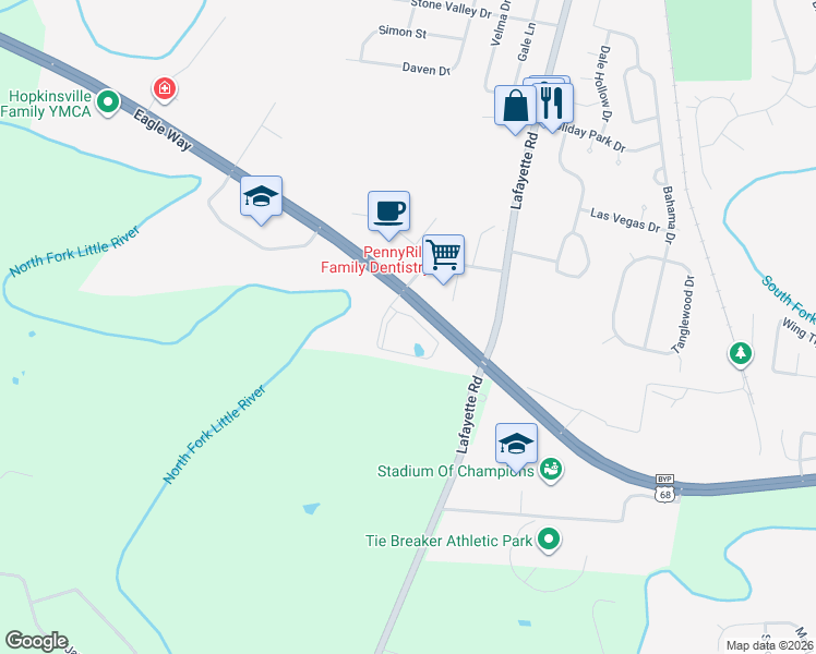 map of restaurants, bars, coffee shops, grocery stores, and more near 100 Turtle Creek Drive in Hopkinsville