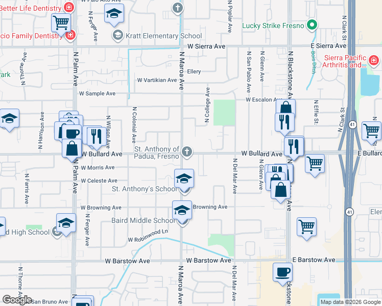 map of restaurants, bars, coffee shops, grocery stores, and more near 374 West Bullard Avenue in Fresno