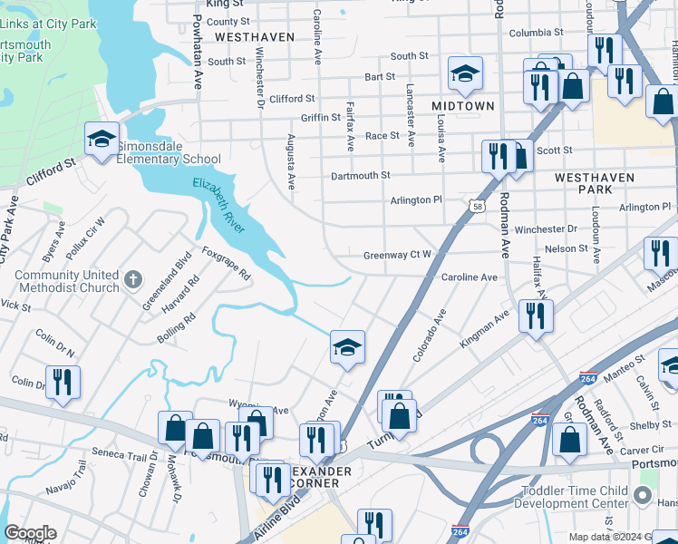 map of restaurants, bars, coffee shops, grocery stores, and more near 4121 Caroline Avenue in Portsmouth