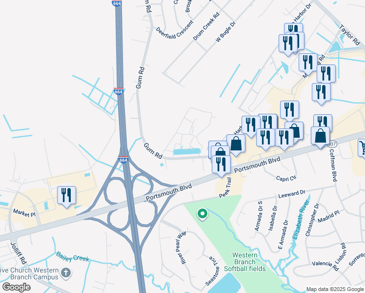 map of restaurants, bars, coffee shops, grocery stores, and more near 4308 Hillingdon Bend in Chesapeake