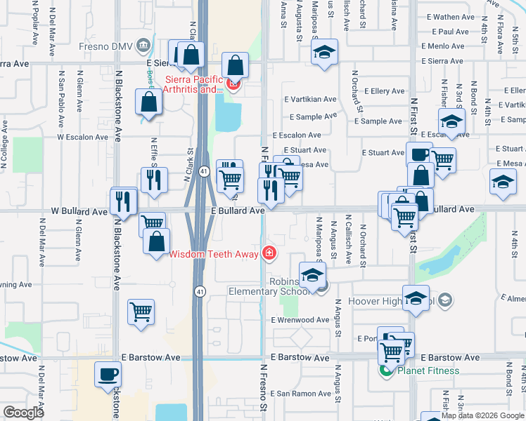 map of restaurants, bars, coffee shops, grocery stores, and more near N Fresno St & E Bullard Ave in Fresno
