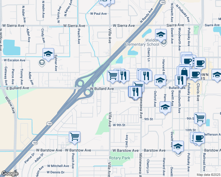 map of restaurants, bars, coffee shops, grocery stores, and more near Villa Ave & W Bullard Ave in Clovis