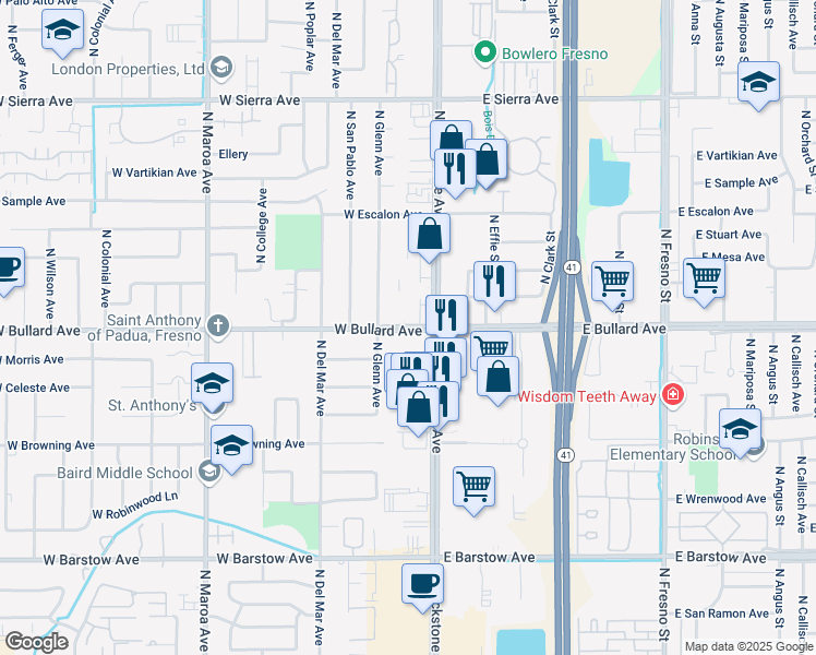 map of restaurants, bars, coffee shops, grocery stores, and more near 50 West Bullard Avenue in Fresno