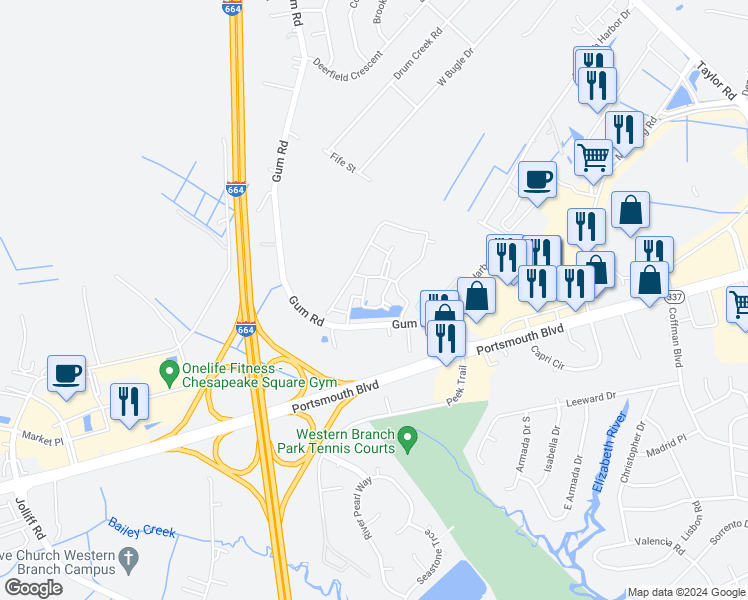 map of restaurants, bars, coffee shops, grocery stores, and more near 4316 Hillingdon Bend in Chesapeake