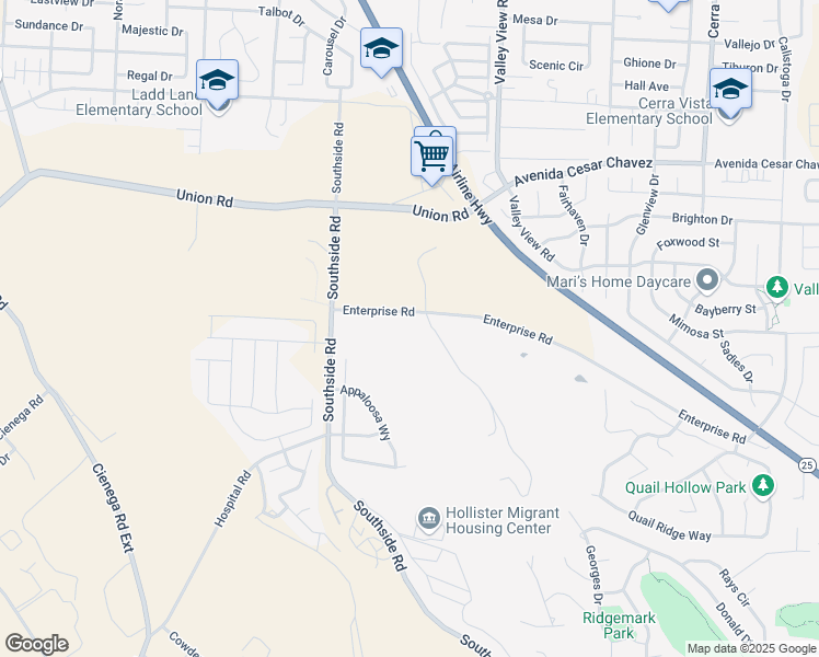 map of restaurants, bars, coffee shops, grocery stores, and more near 120 Enterprise Road in Hollister