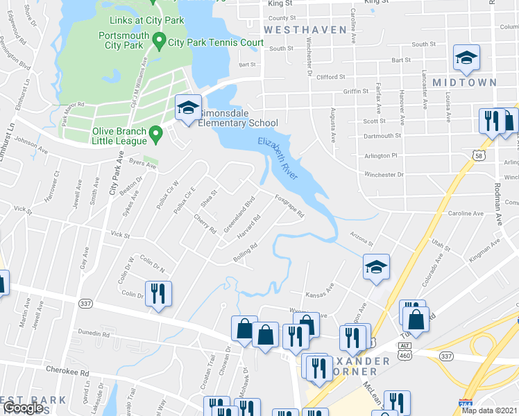 map of restaurants, bars, coffee shops, grocery stores, and more near 70 Greeneland Boulevard in Portsmouth