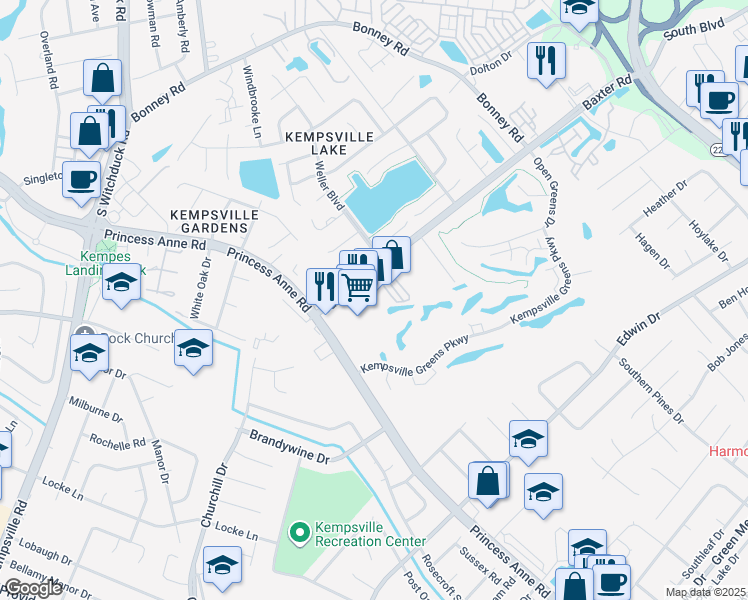 map of restaurants, bars, coffee shops, grocery stores, and more near 4867 Baxter Road in Virginia Beach