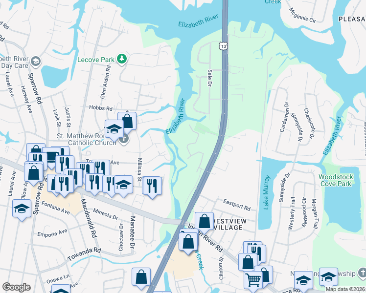 map of restaurants, bars, coffee shops, grocery stores, and more near 1001 Pebblewood Drive in Virginia Beach