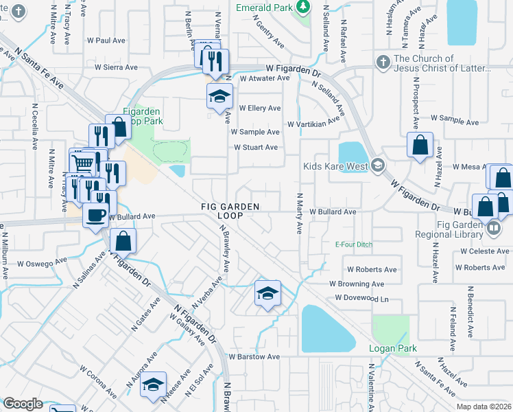map of restaurants, bars, coffee shops, grocery stores, and more near 6043 North Knoll Avenue in Fresno