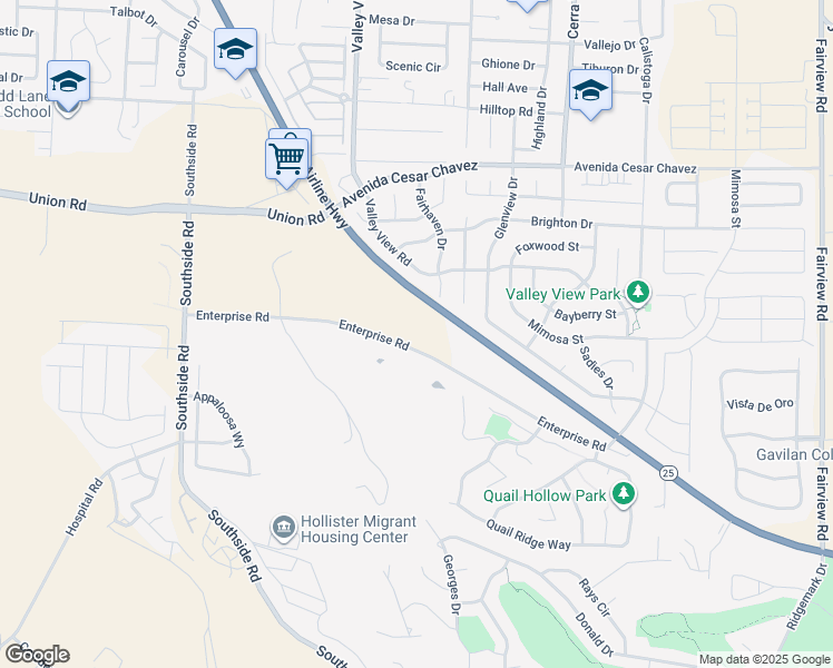 map of restaurants, bars, coffee shops, grocery stores, and more near 2481 Fairhaven Court in Hollister