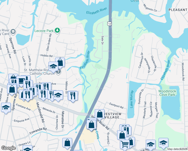 map of restaurants, bars, coffee shops, grocery stores, and more near 721 Whistling Swan Drive in Virginia Beach