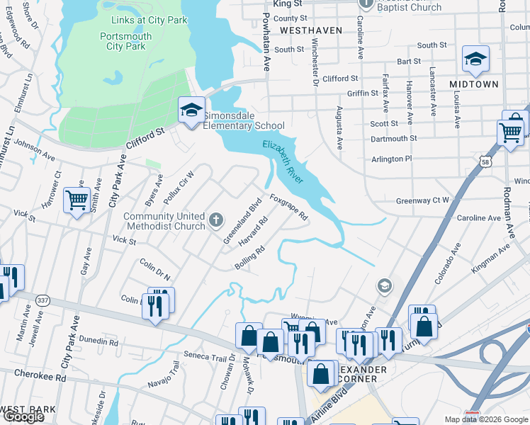 map of restaurants, bars, coffee shops, grocery stores, and more near 70 Greeneland Boulevard in Portsmouth