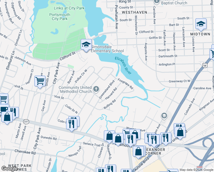 map of restaurants, bars, coffee shops, grocery stores, and more near 43 Rivercrest Drive in Portsmouth
