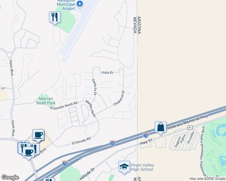 map of restaurants, bars, coffee shops, grocery stores, and more near 767 East Sierra Vista Circle in Mesquite