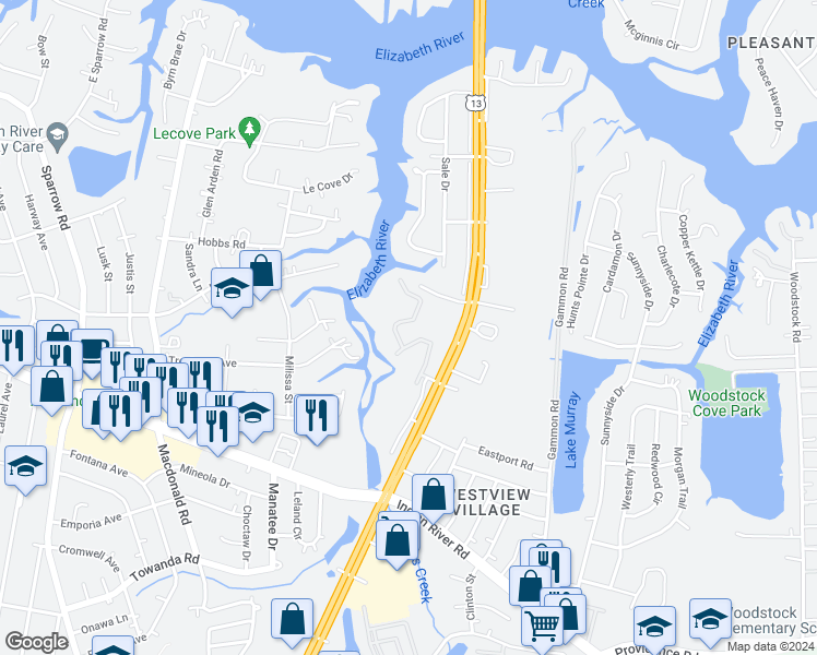map of restaurants, bars, coffee shops, grocery stores, and more near 721 Whistling Swan Drive in Virginia Beach