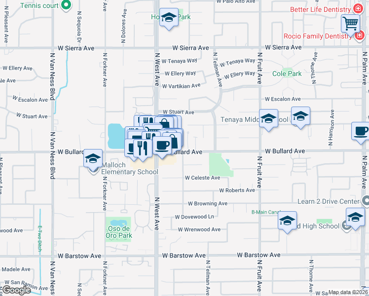 map of restaurants, bars, coffee shops, grocery stores, and more near 1702 West Bullard Avenue in Fresno