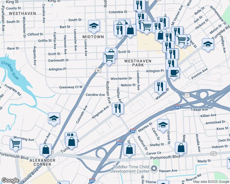 map of restaurants, bars, coffee shops, grocery stores, and more near 3603 Commonwealth Avenue in Portsmouth