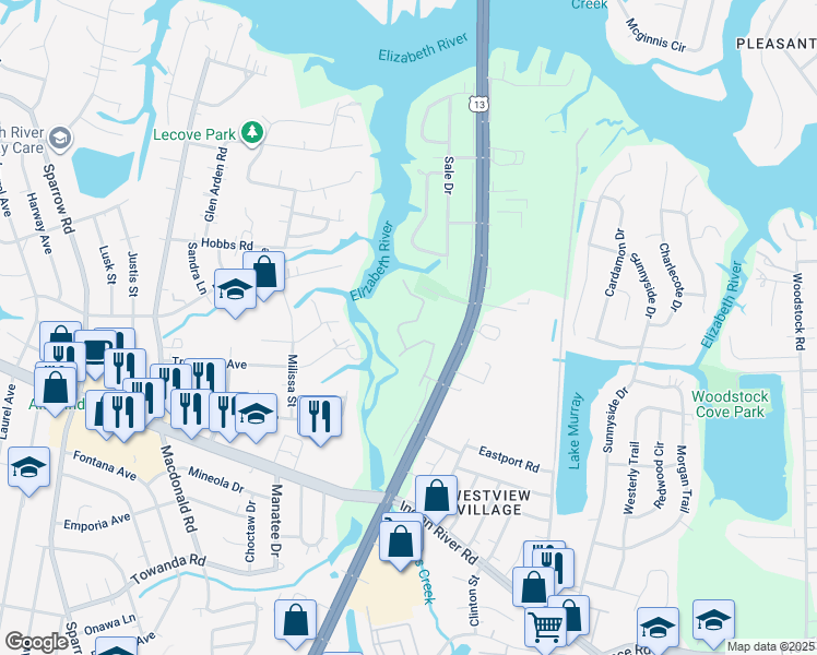 map of restaurants, bars, coffee shops, grocery stores, and more near 832 Whistling Swan Drive in Virginia Beach