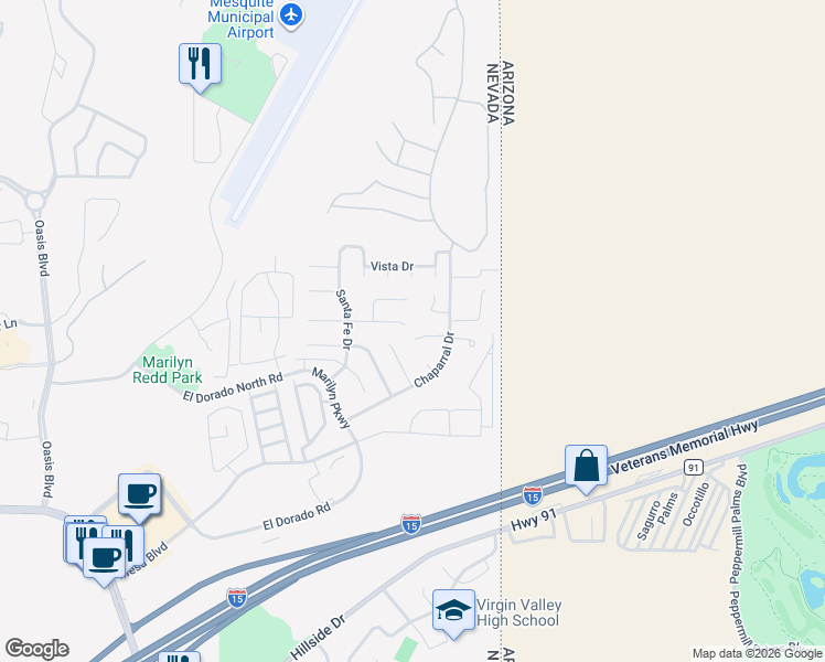 map of restaurants, bars, coffee shops, grocery stores, and more near 773 Los Padres Circle in Mesquite