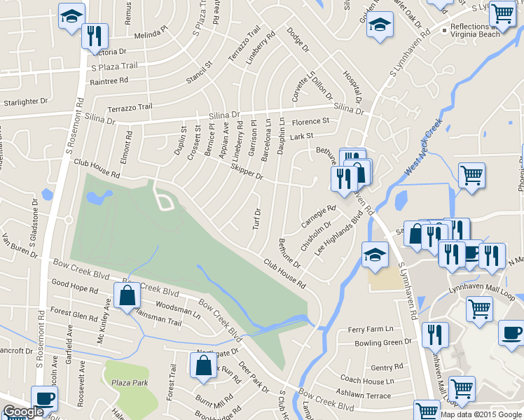 map of restaurants, bars, coffee shops, grocery stores, and more near 448 Turf Drive in Virginia Beach