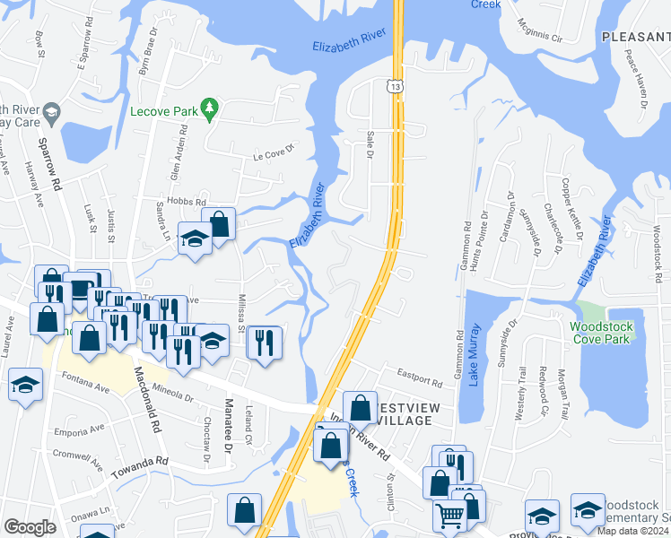 map of restaurants, bars, coffee shops, grocery stores, and more near 708 Whistling Swan Drive in Virginia Beach