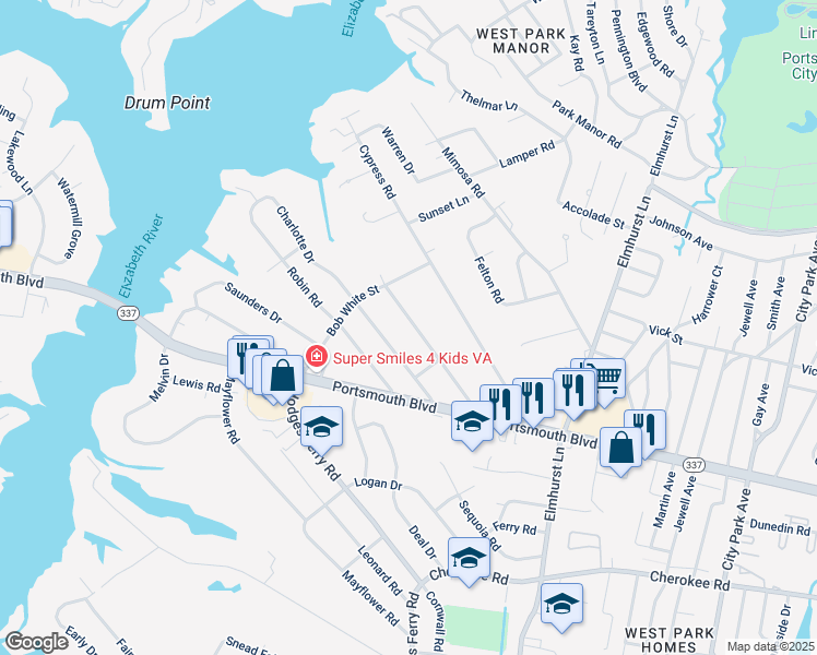 map of restaurants, bars, coffee shops, grocery stores, and more near 210 Jacquelyn Drive in Portsmouth