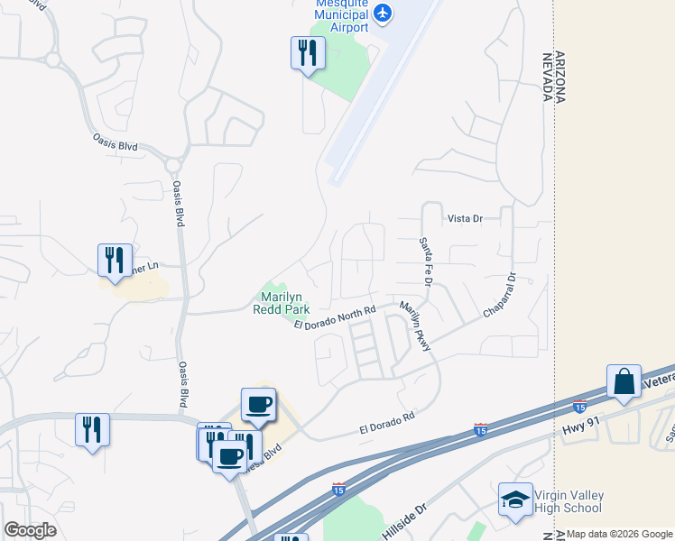 map of restaurants, bars, coffee shops, grocery stores, and more near 890 Kitty Hawk Drive in Mesquite