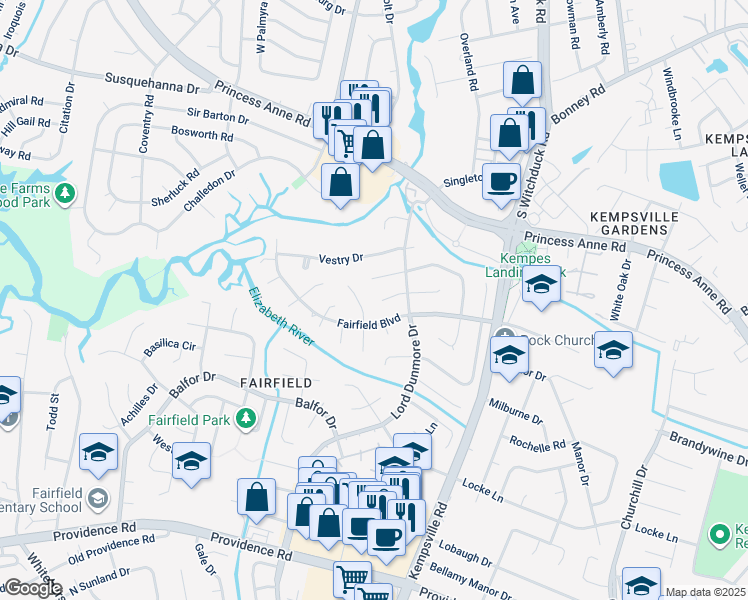 map of restaurants, bars, coffee shops, grocery stores, and more near 5236 West Randolph Court in Virginia Beach