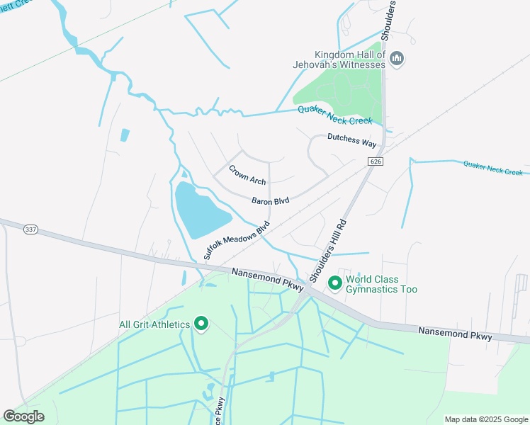 map of restaurants, bars, coffee shops, grocery stores, and more near 125 Suffolk Meadows Boulevard in Suffolk